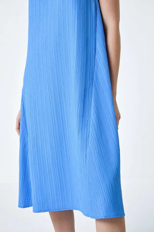 Light Blue Textured Sleeveless Midi Dress Women Roman Dresses
