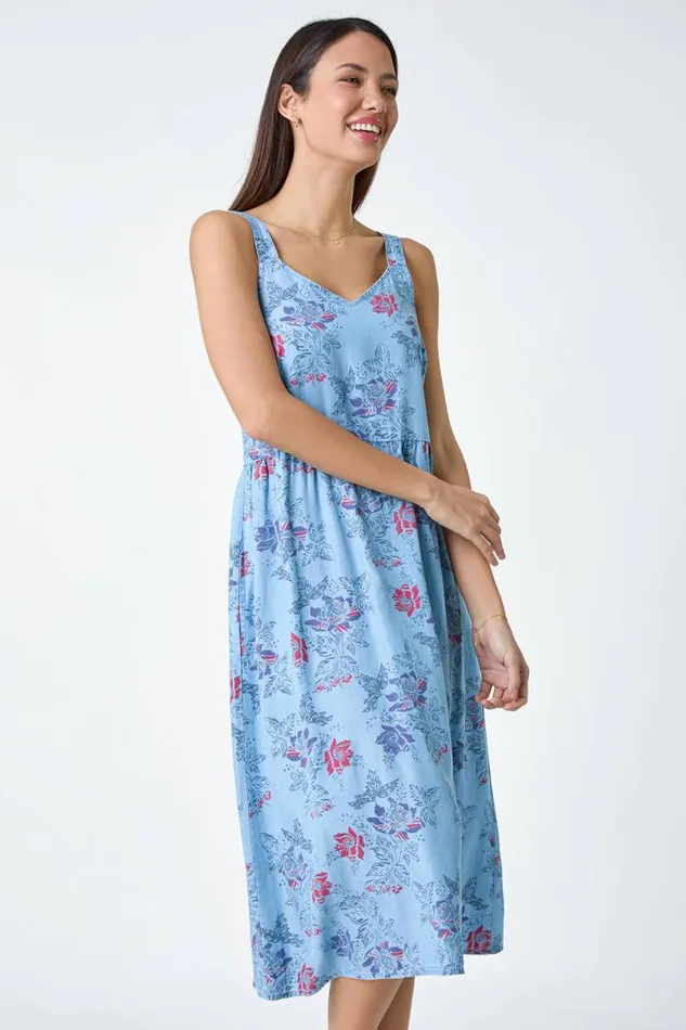 Light Denim Floral Denim Look Shirred Dress Women Roman Dresses