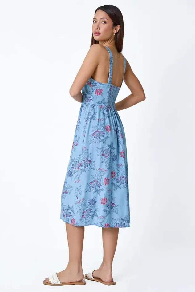 Light Denim Floral Denim Look Shirred Dress Women Roman Dresses