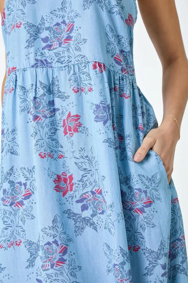 Light Denim Floral Denim Look Shirred Dress Women Roman Dresses