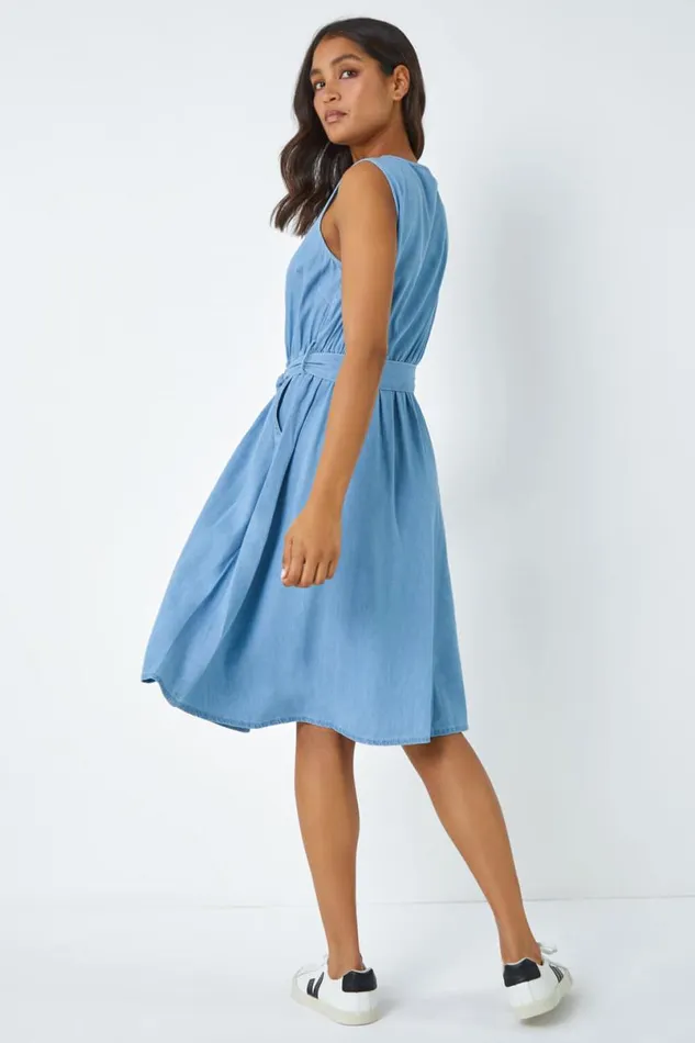 Light Denim Sleeveless Belted Cotton Dress Women Roman Dresses