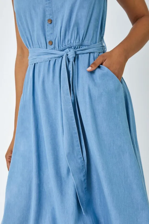 Light Denim Sleeveless Belted Cotton Dress Women Roman Dresses