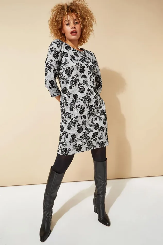 LightGrey Floral Flock Detail Shift Dress Women Roman Dresses