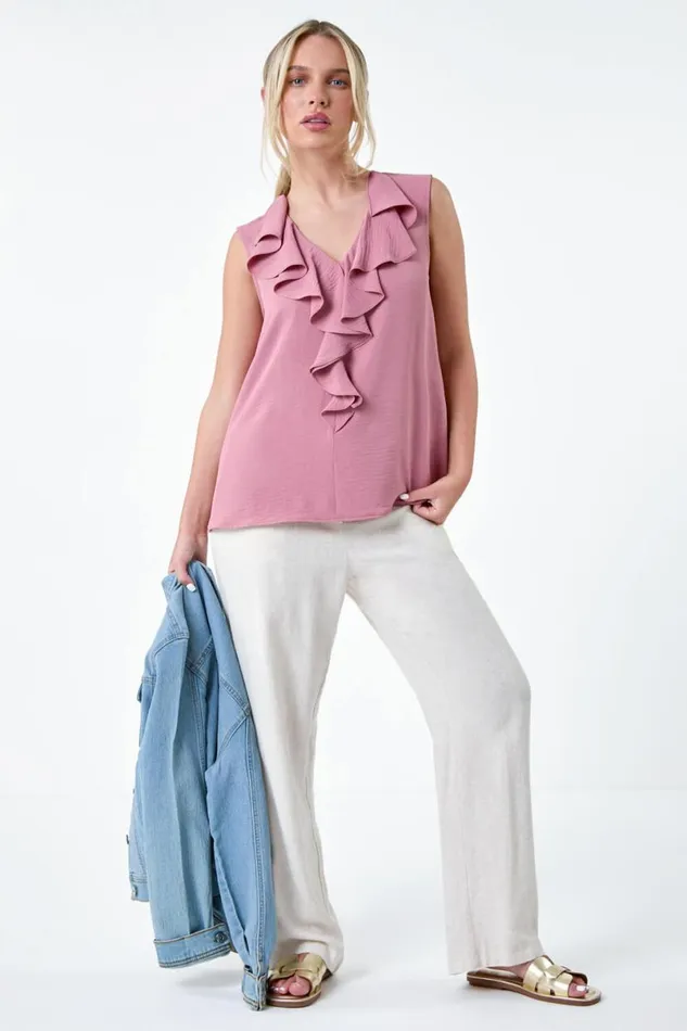 Light Pink Petite Frill Front Vest Top Women Roman Tops