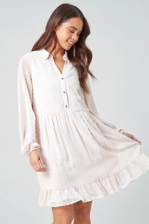 Light Pink Petite Textured Spot Tiered Frill Hem Dress Women Roman Dresses