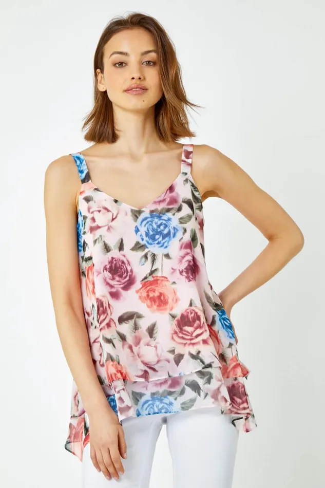 Light Pink Sleeveless VNeck Floral Double Layer Top Women Roman Tops