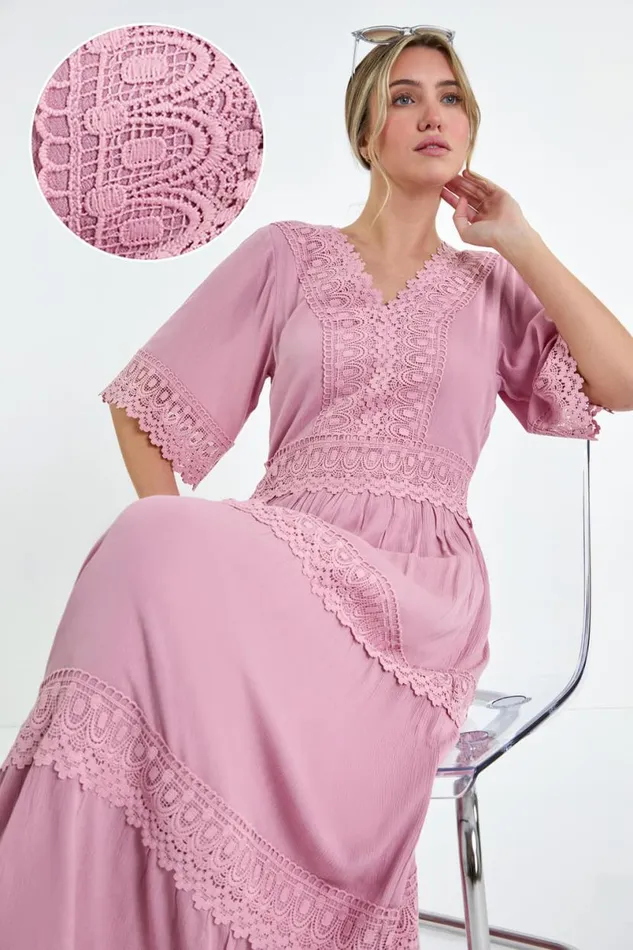 Light Pink Tiered Lace Detail Maxi Dress Women Roman Dresses