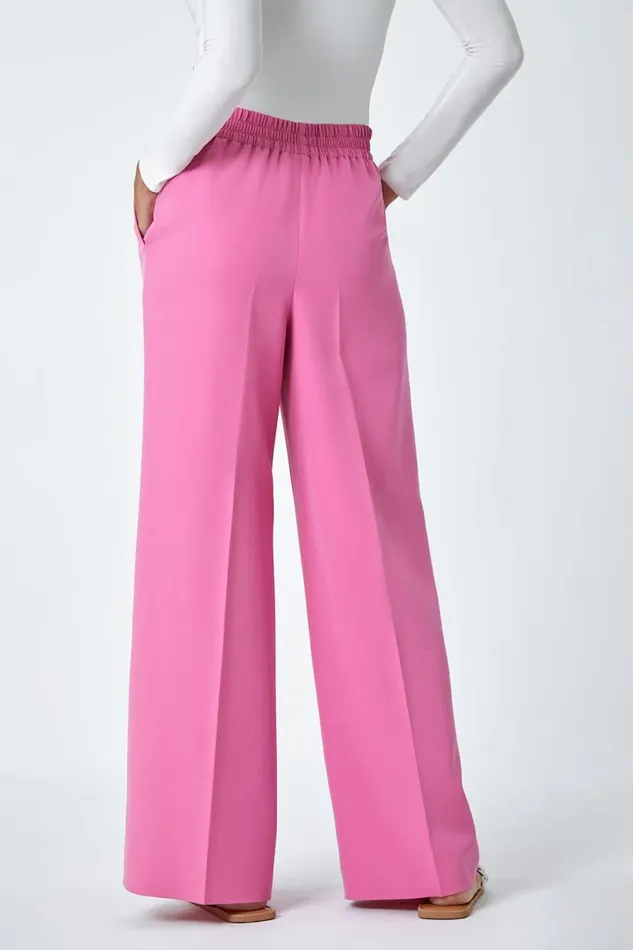 Light Pink Wide Leg Elastic Waist Tie Front Trouser Women Roman Trousers