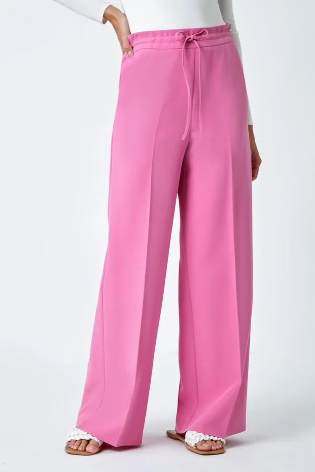 Light Pink Wide Leg Elastic Waist Tie Front Trouser Women Roman Trousers