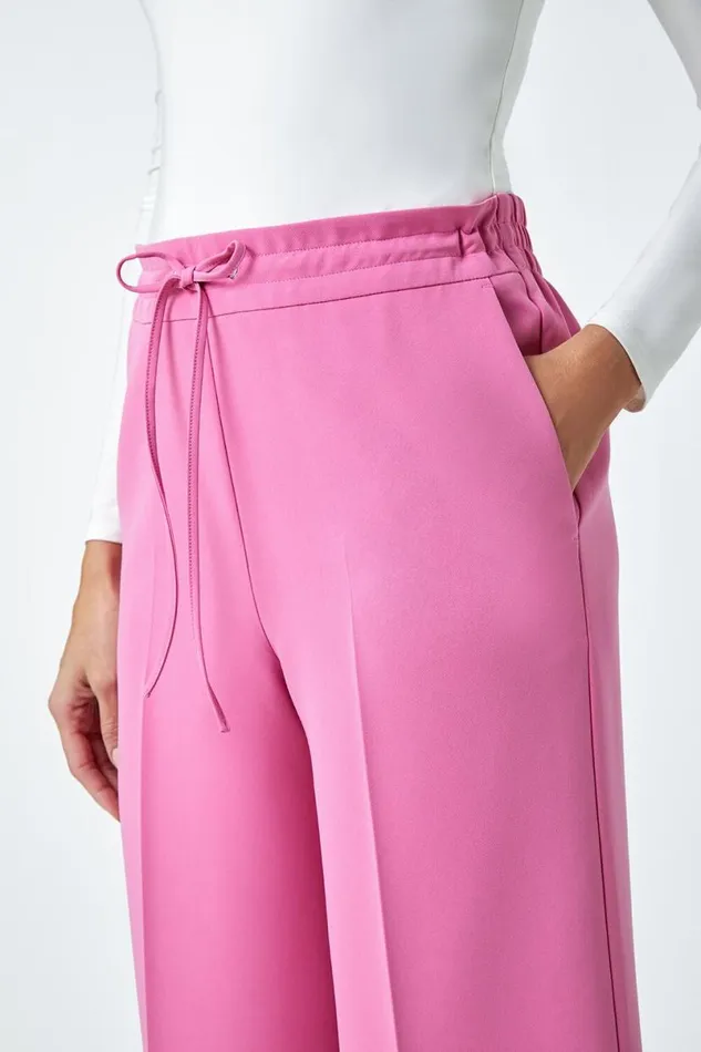 Light Pink Wide Leg Elastic Waist Tie Front Trouser Women Roman Trousers