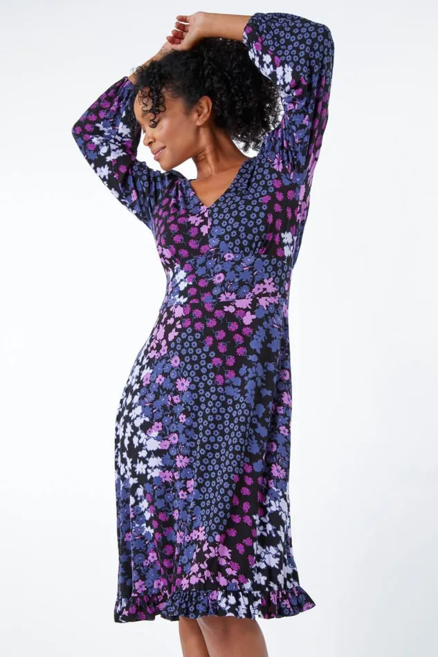 Lilac Petite Floral Print Frill Hem Mini Dress Women Roman Dresses