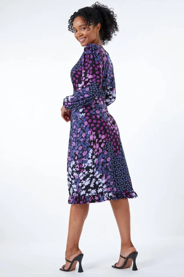 Lilac Petite Floral Print Frill Hem Mini Dress Women Roman Dresses