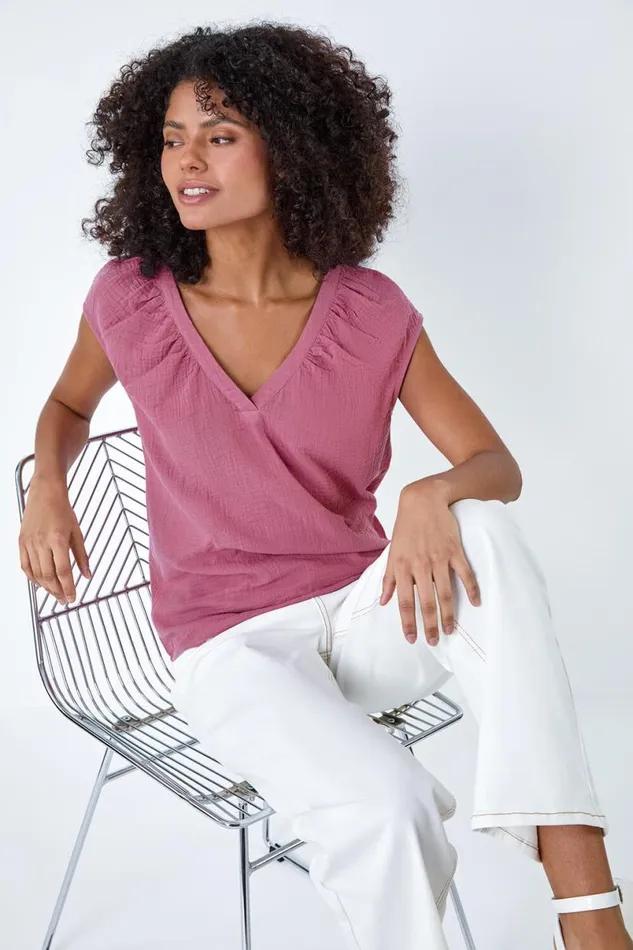 Lilac VNeck Pleat Detail Cotton Top Women Roman Tops