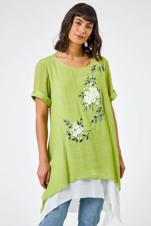 Lime Floral Print Asymmetric Tunic Top Women Roman Tops