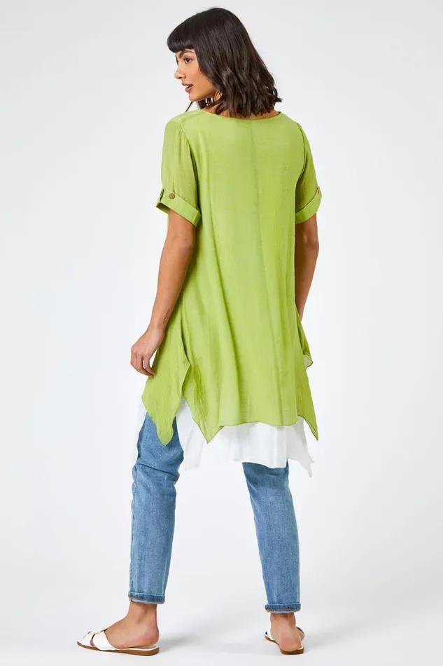 Lime Floral Print Asymmetric Tunic Top Women Roman Tops