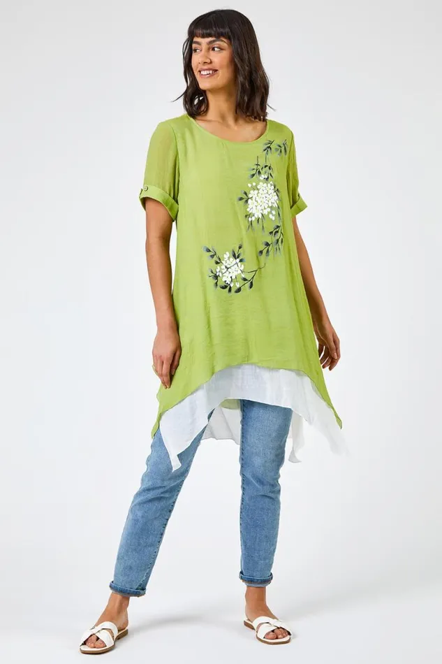 Lime Floral Print Asymmetric Tunic Top Women Roman Tops