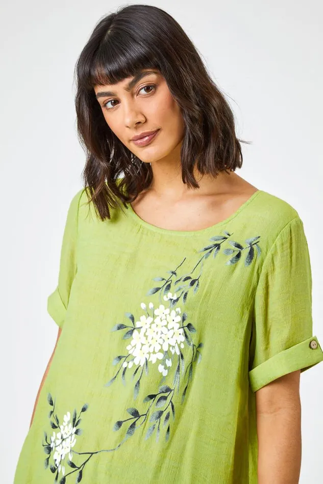 Lime Floral Print Asymmetric Tunic Top Women Roman Tops