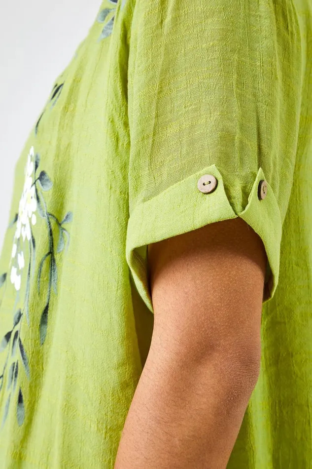 Lime Floral Print Asymmetric Tunic Top Women Roman Tops