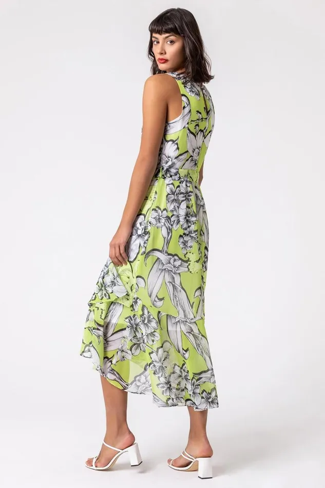 Lime Floral Tie Waist Dipped Hem Dress Women Roman Dresses