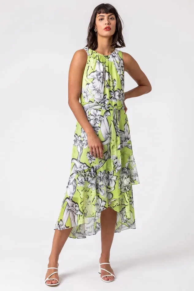 Lime Floral Tie Waist Dipped Hem Dress Women Roman Dresses