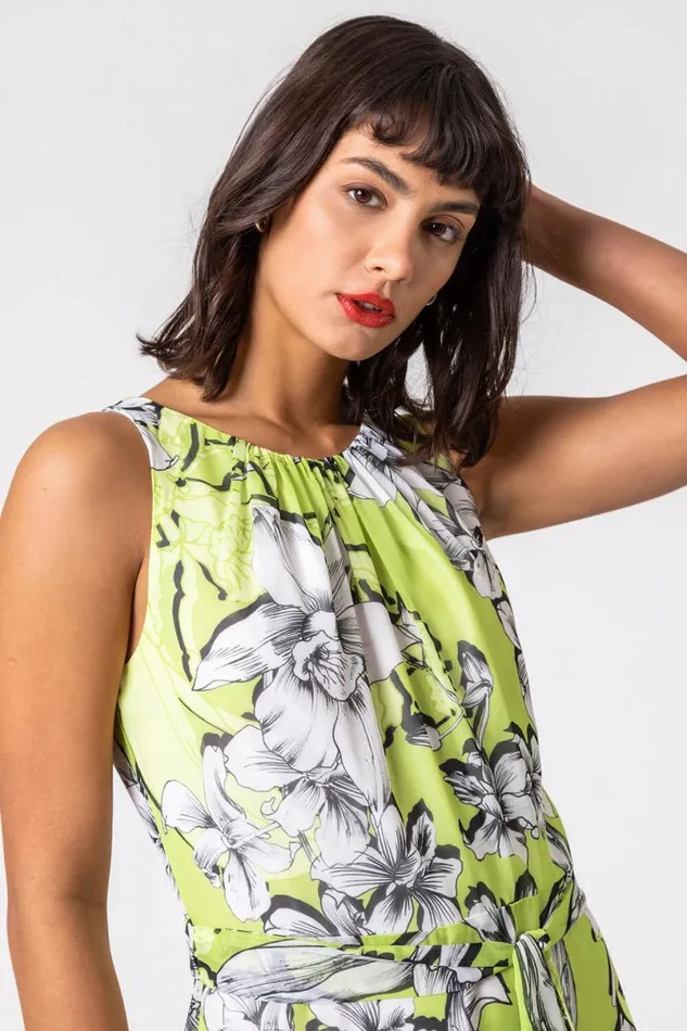Lime Floral Tie Waist Dipped Hem Dress Women Roman Dresses