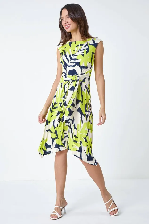 Lime Leaf Tie Waist Hanky Hem Asymmetric Dress Women Roman Dresses