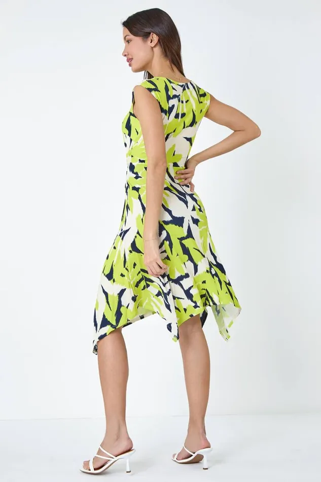 Lime Leaf Tie Waist Hanky Hem Asymmetric Dress Women Roman Dresses