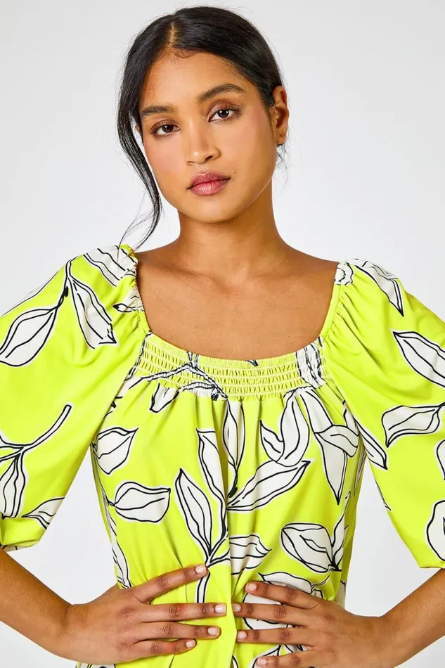 Lime Linear Floral Print Square Neck Top Women Roman Tops
