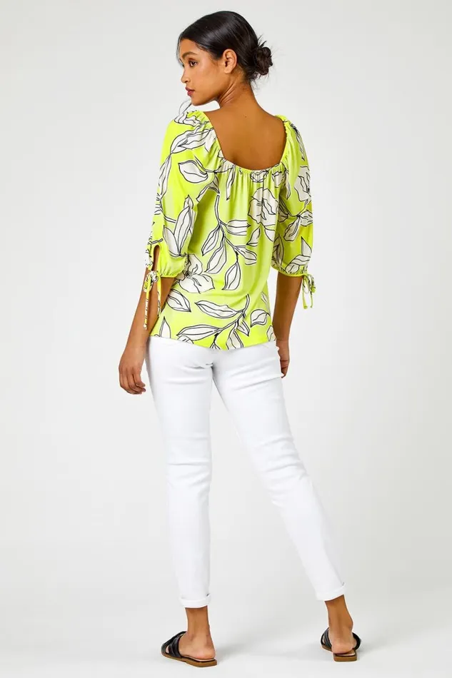 Lime Linear Floral Print Square Neck Top Women Roman Tops