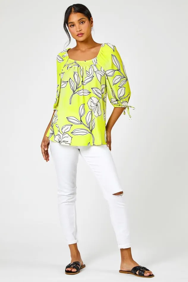 Lime Linear Floral Print Square Neck Top Women Roman Tops