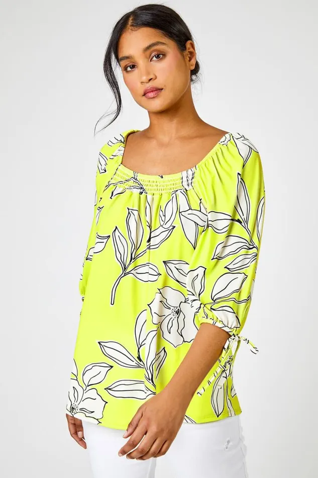 Lime Linear Floral Print Square Neck Top Women Roman Tops