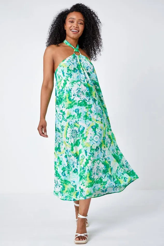Lime Petite Tie Dye Halterneck Midi Dress Women Roman Dresses