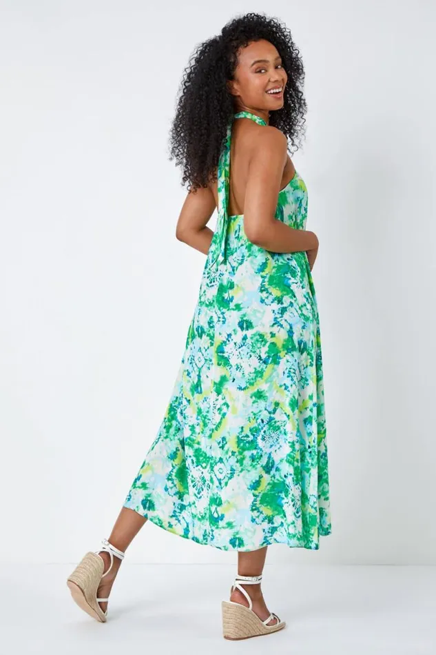 Lime Petite Tie Dye Halterneck Midi Dress Women Roman Dresses
