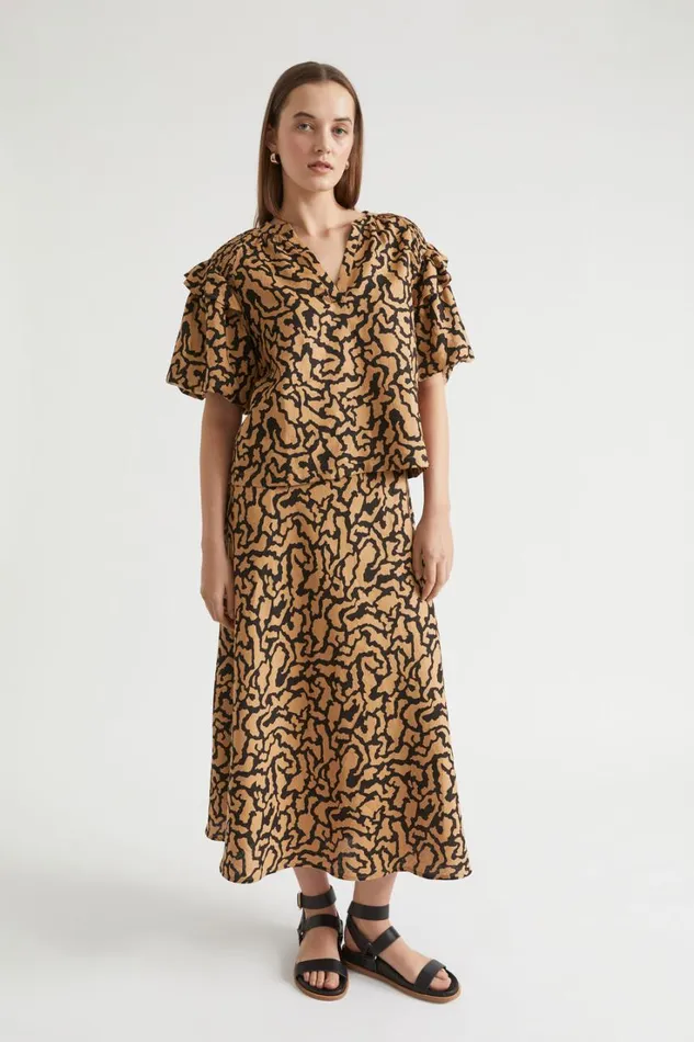 Linen Woman Seed Heritage Abstract Animal Ruffle Blouse Abstract Animal