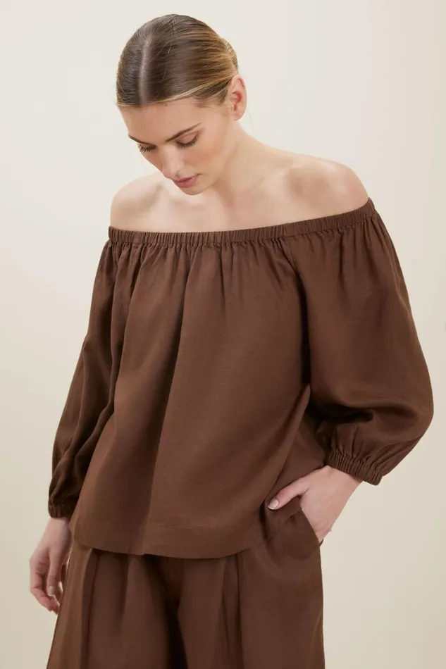 Linen Woman Seed Heritage Linen Peasant Top Russet Brown