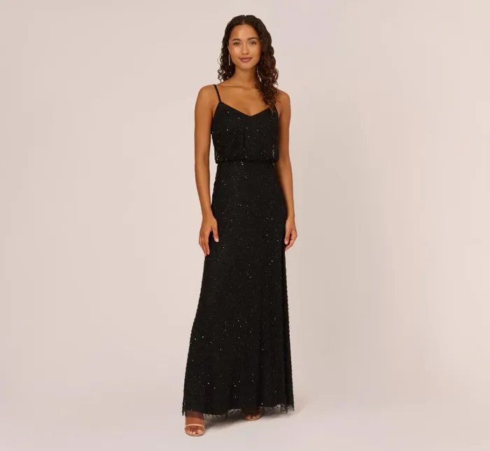 Long Dresses Womens Adrianna Papell Art Deco Beaded Blouson Gown In Black