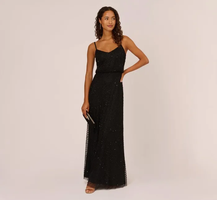 Long Dresses Womens Adrianna Papell Art Deco Beaded Blouson Gown In Black