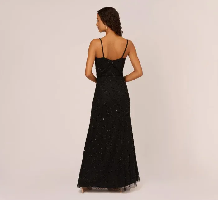 Long Dresses Womens Adrianna Papell Art Deco Beaded Blouson Gown In Black