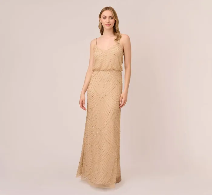 Long Dresses Womens Adrianna Papell Art Deco Beaded Blouson Gown In Champ Gold Long Dresses Womens Adrianna Papell Art Deco Beaded Blouson Gown In Champ Gold