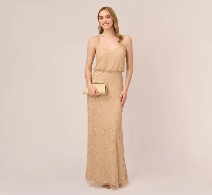 Long Dresses Womens Adrianna Papell Art Deco Beaded Blouson Gown In Champ Gold