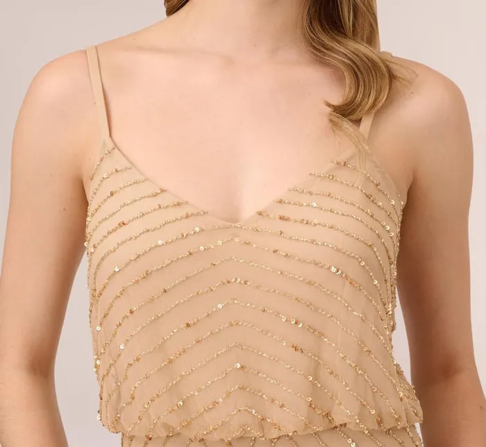 Long Dresses Womens Adrianna Papell Art Deco Beaded Blouson Gown In Champ Gold