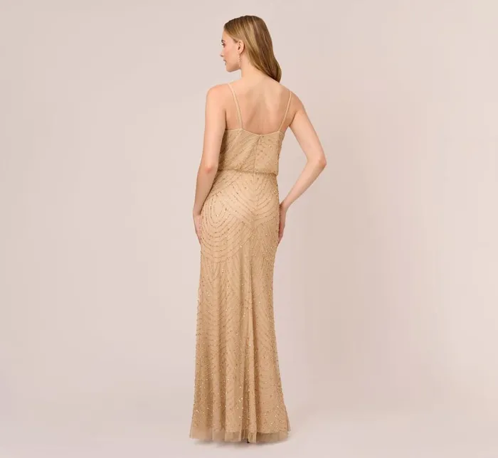Long Dresses Womens Adrianna Papell Art Deco Beaded Blouson Gown In Champ Gold