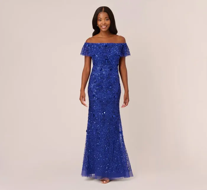 Long Dresses Womens Adrianna Papell Beaded Off The Shoulder Mermaid Gown With Flutter Neck In Ultra Blue