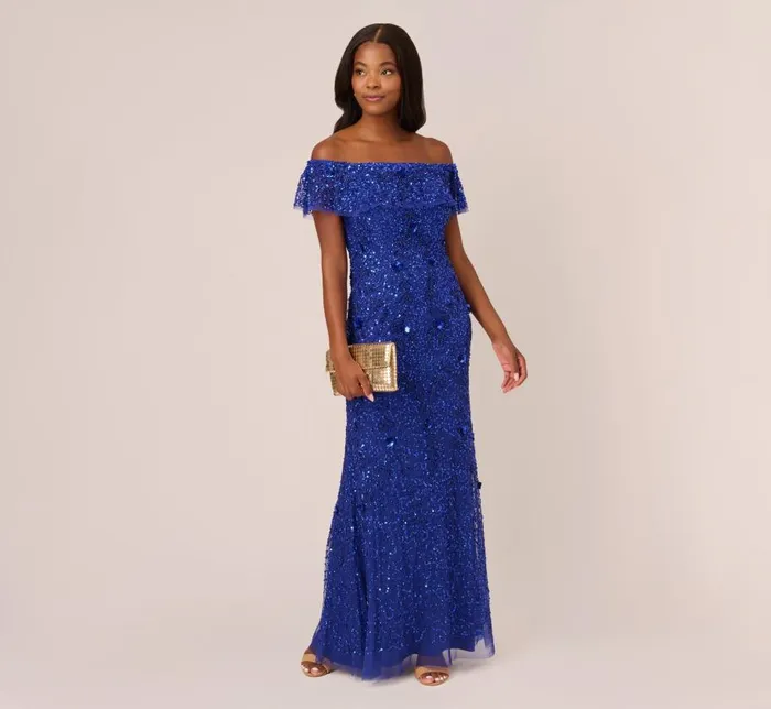 Long Dresses Womens Adrianna Papell Beaded Off The Shoulder Mermaid Gown With Flutter Neck In Ultra Blue