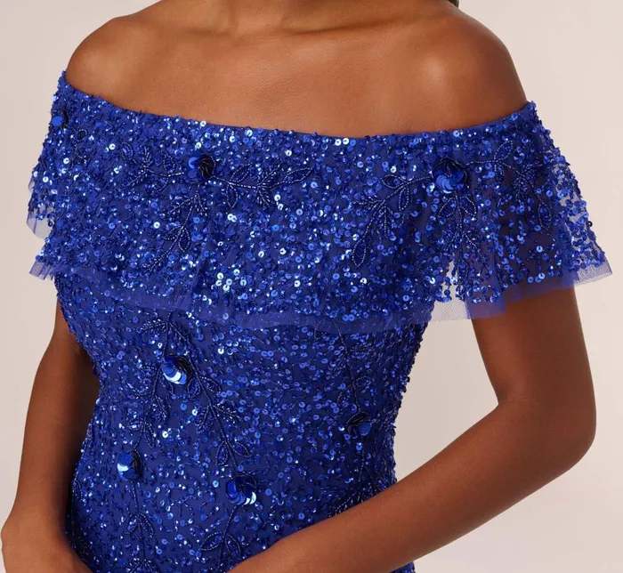 Long Dresses Womens Adrianna Papell Beaded Off The Shoulder Mermaid Gown With Flutter Neck In Ultra Blue