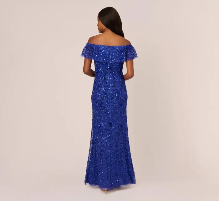 Long Dresses Womens Adrianna Papell Beaded Off The Shoulder Mermaid Gown With Flutter Neck In Ultra Blue