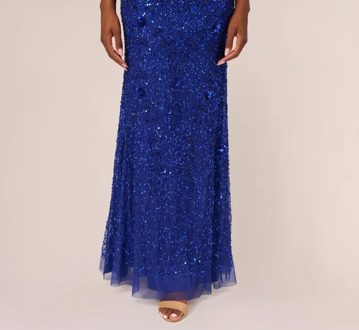 Long Dresses Womens Adrianna Papell Beaded Off The Shoulder Mermaid Gown With Flutter Neck In Ultra Blue