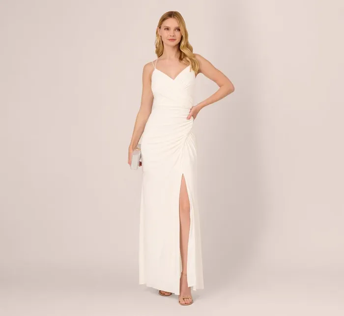Long Dresses Womens Adrianna Papell Draped Matte Jersey Gown With Deep Slit And Spaghetti Straps In Ivory