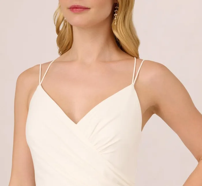 Long Dresses Womens Adrianna Papell Draped Matte Jersey Gown With Deep Slit And Spaghetti Straps In Ivory