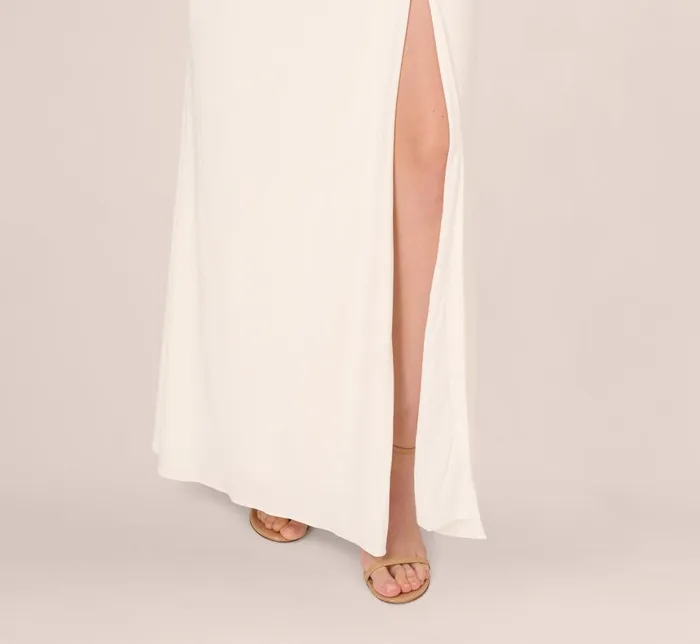 Long Dresses Womens Adrianna Papell Draped Matte Jersey Gown With Deep Slit And Spaghetti Straps In Ivory